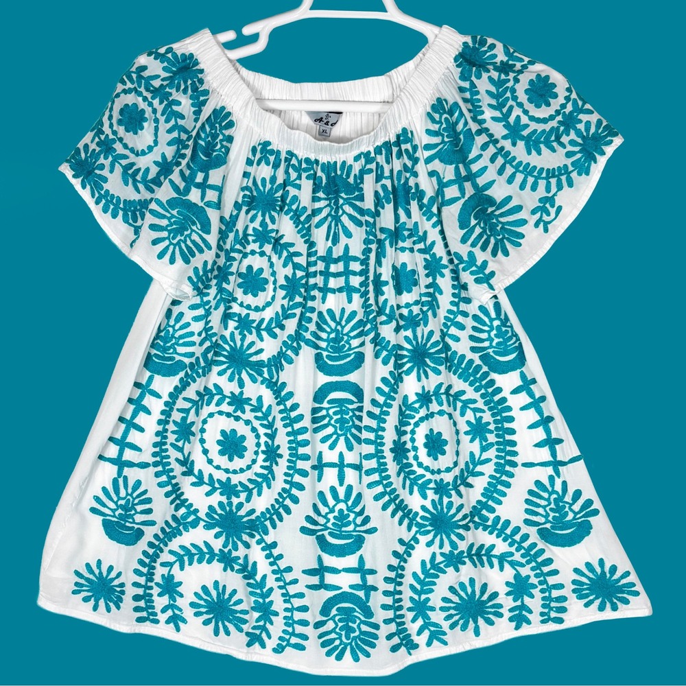 Embroidered Turquoise Peasant Blouse Womens XL Flutter Sleeve Lightweight Summer